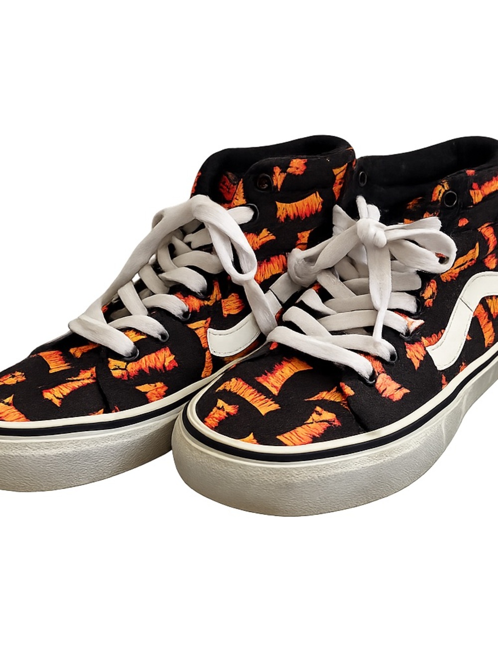 Vans Black High-Top Skate Shoes with Red-Orange Flame Logo